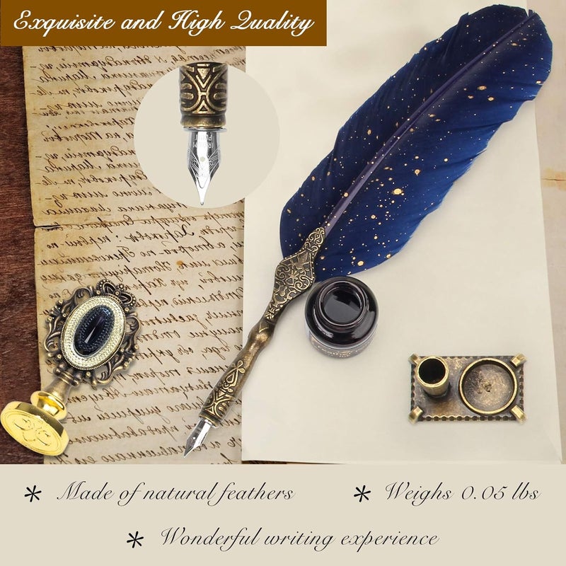 Anglekai Quill Pen and Ink Set, Calligraphy Feather Pen Set with Wax Seal Stamp, Ink, Replacement Nibs, Spoon, Envelope Letter Paper, White Wax, Antique Quills (Blue) - Image 3